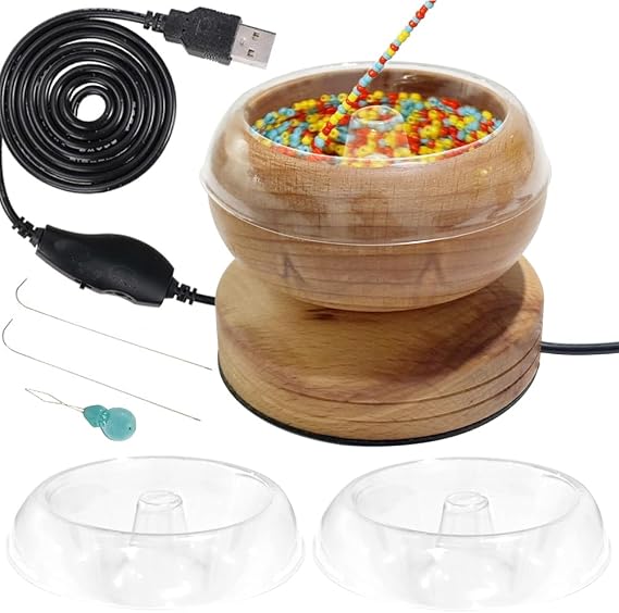 EHERDM Electric Bead Spinner Wood Beaded Bowl with 3 Trays and 2 Beading Needles Automatic Speed and Direction Adjustment Quick Beading Tools for Jewelry Making Kit