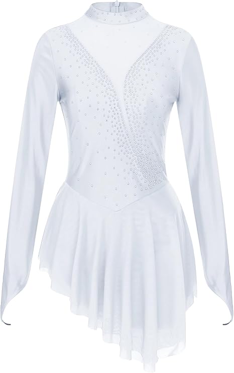 Winnrchan Women's Glittery Long Sleeve Figure Ice Skating Dress Irregular Hem Roller Skating Dance Leotard Dress