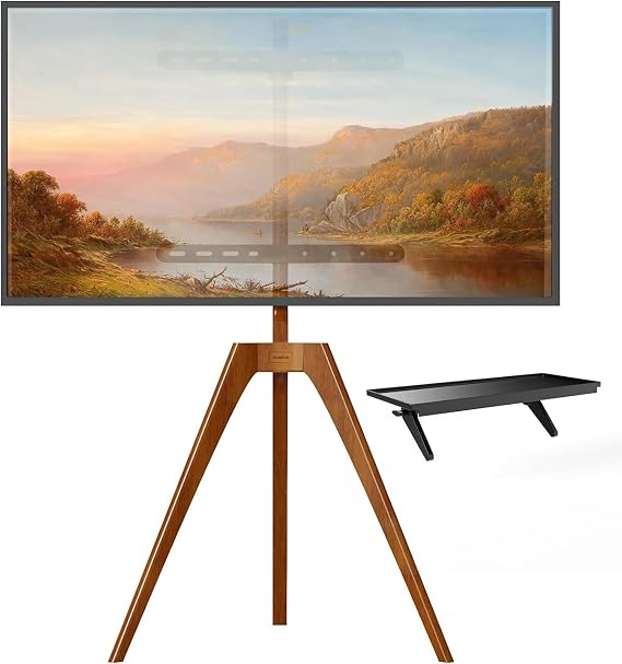 PUTORSEN Solid Wood Easel TV Stand for 45-65'' TVs, Hidden Cable, Walnut