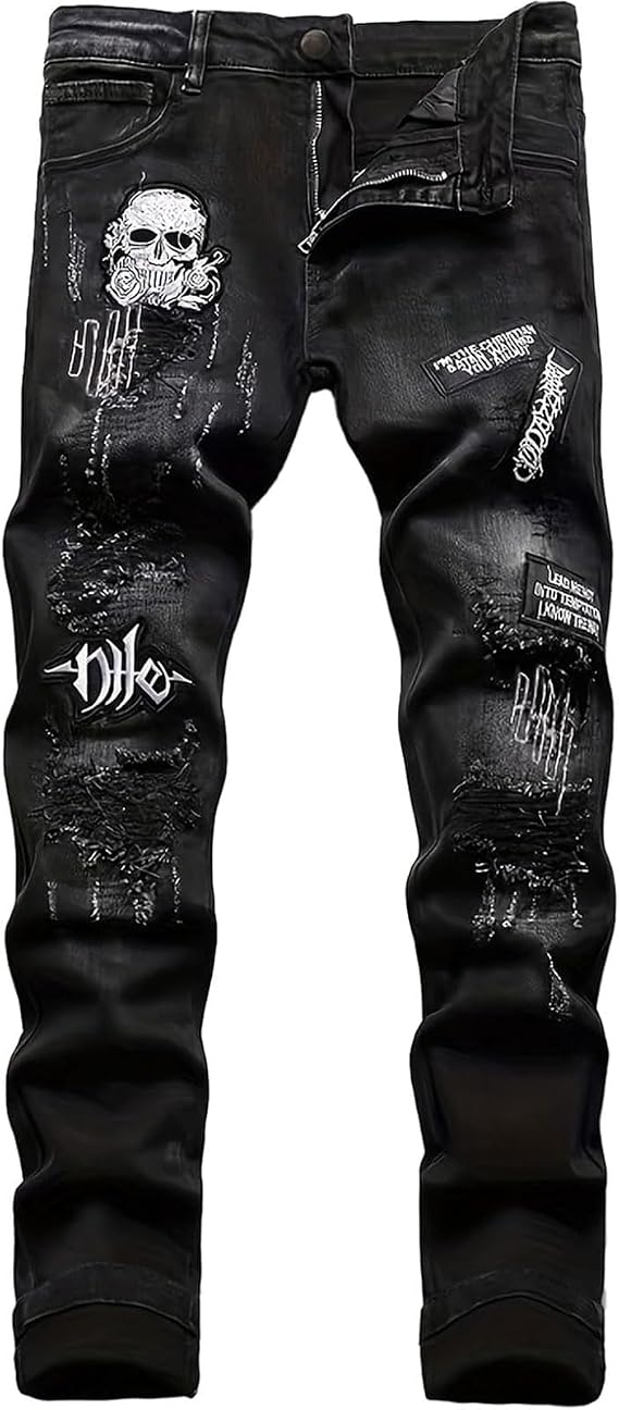 Men's Ripped Jeans Printed Jeans Black Skull Embroidered Slim Jeans Straight Leg Slim Stacked Jeans