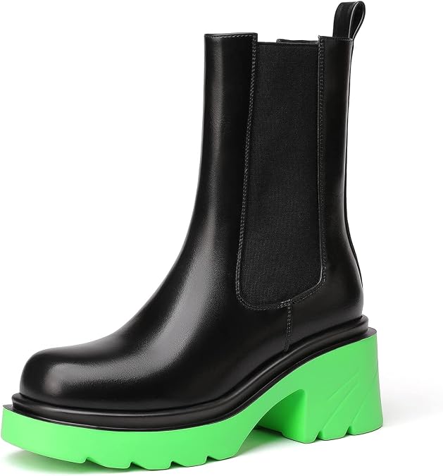 vivianly Womens Chelsea Boots Lug Sole Platform Mid Calf Boots Elastic Slip on Boots Block Heel Ankle Boots for Casual Wear, Costume