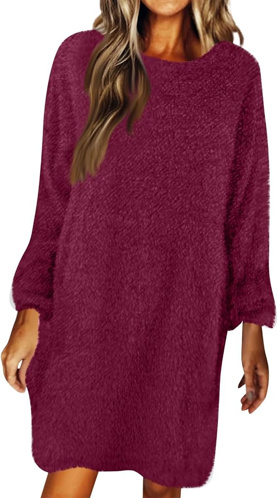 Long Dresses for Women Crewneck Oversized Sweatshirt Dress Casual Fuzzy Fleece Long Sleeve Dress Tops Comfy Winter Dresses 2026 Soft Sweater Dress
