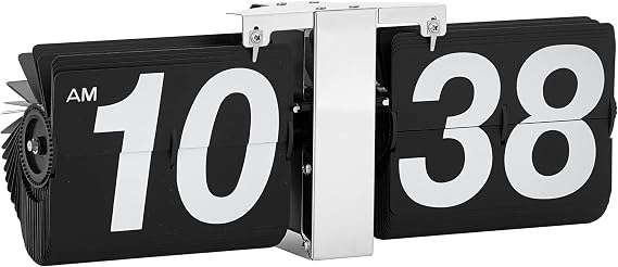 Torre & Tagus Retro Flip Clock Oversized Wall or Tabletop Silent Analog Clock, Battery Operated Mechanical Timepiece, 14.25-Inch Long, Black and White