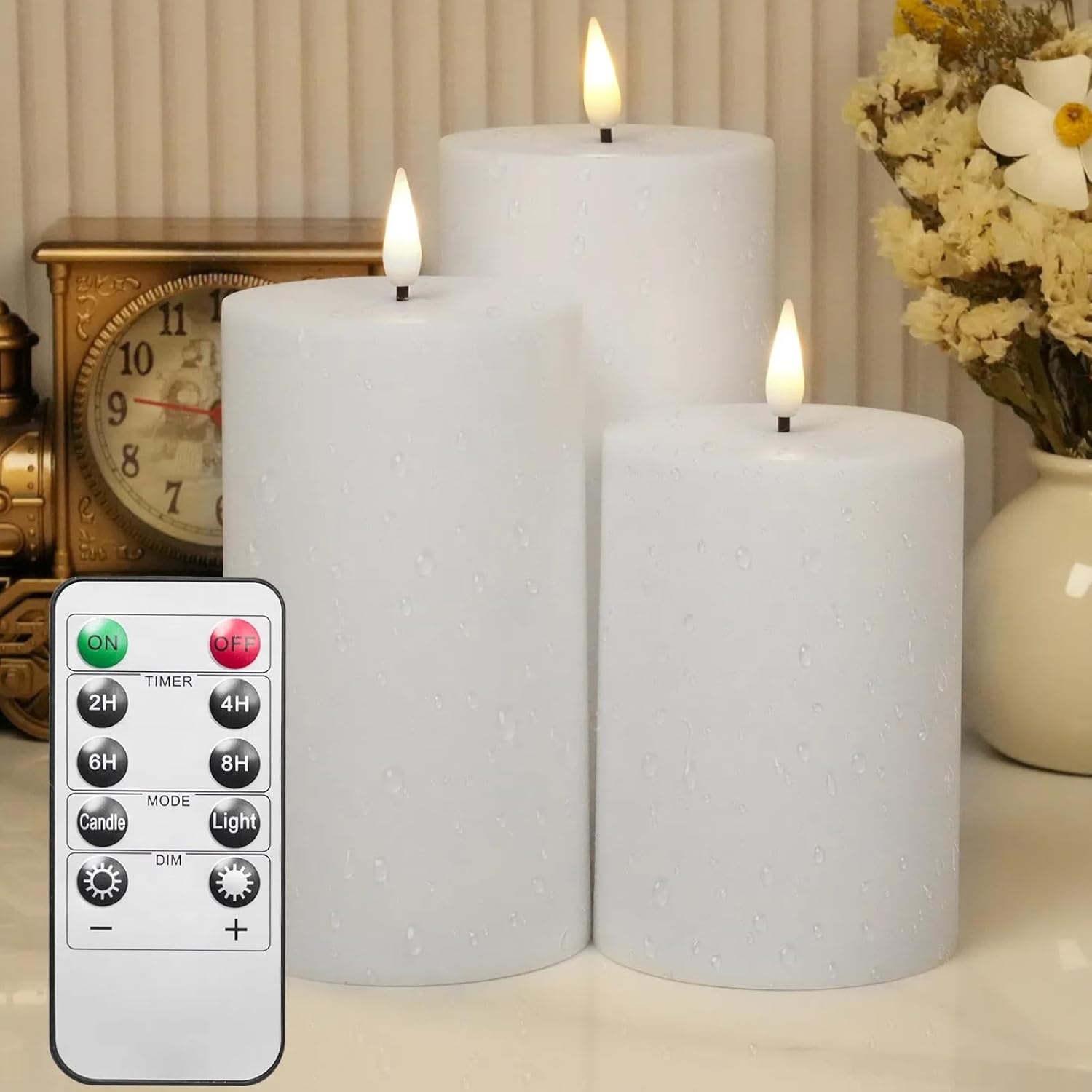 Outdoor Flameless Candles Waterproof, Battery Operated Candles with Remote and Timer, Set of 3 LED Pillar Candles for Outdoor Lartern Valentines Decor White