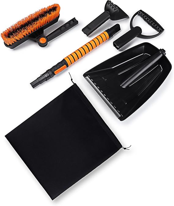 Astra Depot Set Extendable 41.7" Snow Shovel + 41 Inch 3 in 1 Separable Snow Brush with Wiper Blade and Storage Bag for Cars, SUVs, Trucks Windshield Window, Snow Removal Tool, Orange/Black