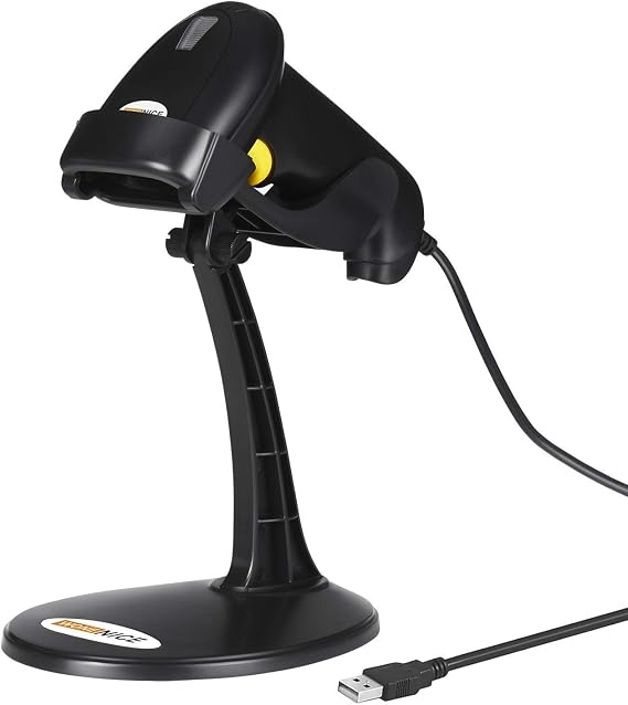 WoneNice Hands-Free USB Barcode Scanner with Adjustable Stand | Wired Handheld 1D Laser Reader, Plug & Play for Back-to-School, Library, Bookstore, POS