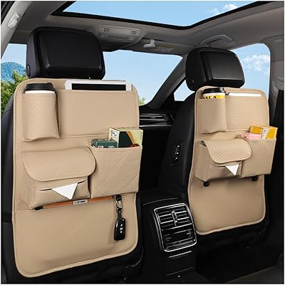 Car Backseat Organizer, 2PCS Leather Woven Multipurpose Vehicle Seat Back Protector with 4 Storage Pockets & Hook, Waterproof Automotive Kick Mat, Universal for SUV RV Truck Beige