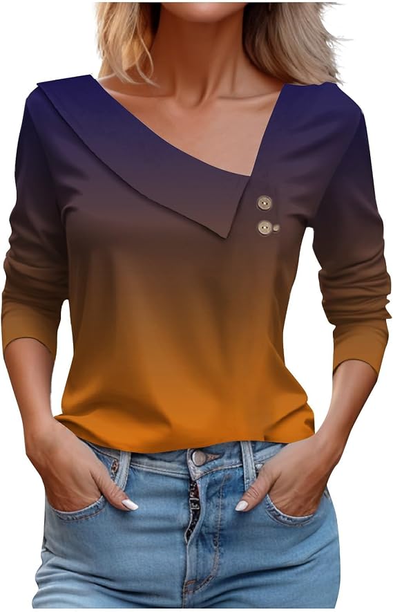 LRMQS Spring Tops for Women 2024 Trendy Casual Long Sleeve Asymmetric V Neck Button Blouses Dressy Woman Shirts Clothing