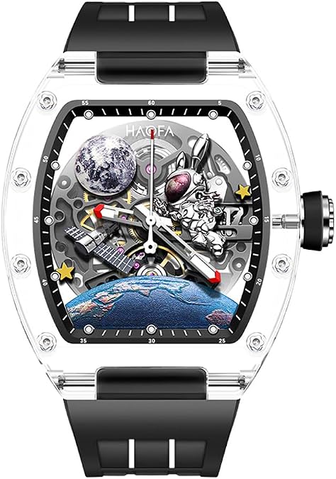 Haofa 3D Interstellar Spaceship Mechanical Watch for Men Automatic Hollow Transparent Glass Watch Waterproof Luminous Moon Rabbit Men Watch Casual Fashion 2320 Black