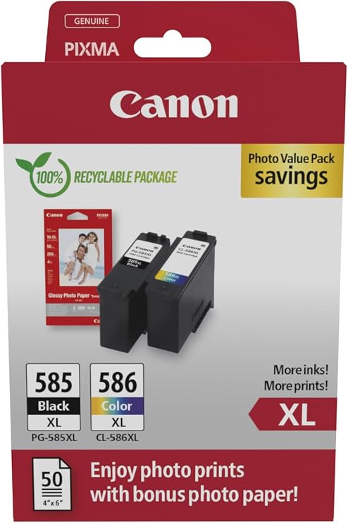 Canon PG-585XL / CL-586XL Original-Tintenpatronen 2er-Pack (1x Schwarz 1x Farbe) inkl. 50 Blatt 4x6-Fotopapier - Kompatibel mit PIXMA TS7650i / TS7750i