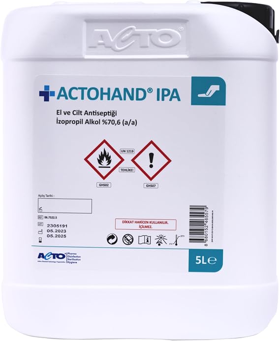 ACTOHAND® IPA 5L – El ve Cilt Antiseptiği |%75 İzopropil Alkol İçerikli Hızlı Etkili Dezenfektan | Zararlı Mikroorganizmalara Karşı Etkin Koruma | Cilt Dostu, Hızlı Kuruyan Formül