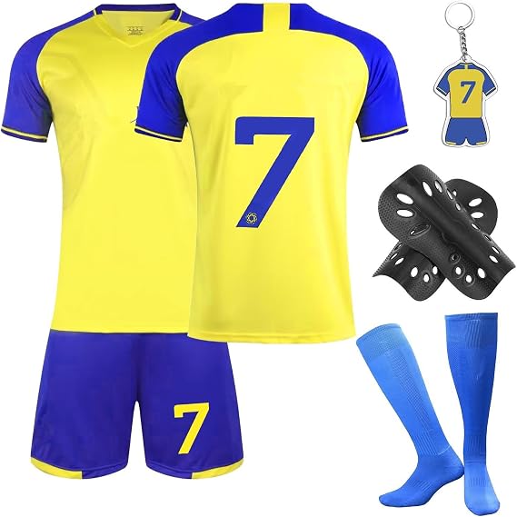 Football Kits for Kids, 2023/24 Home Away Soccer Jerseys New Kids Football Kits Boys Girls, Football Training Shirts Shorts Socks Guard Plate and Keychain, Gifts for Children