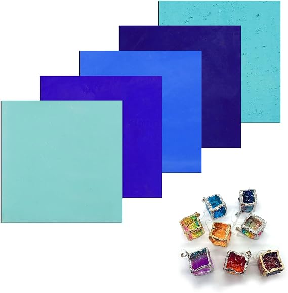 90 COE Fusing Glass Supplies Art Stained Glass Assorted Fusible Glass Jewelry Making Supplies for Microwave Kiln Fusing Glass DIY Crafts, Stained Mosaic Making (Blue Series, 5PC)