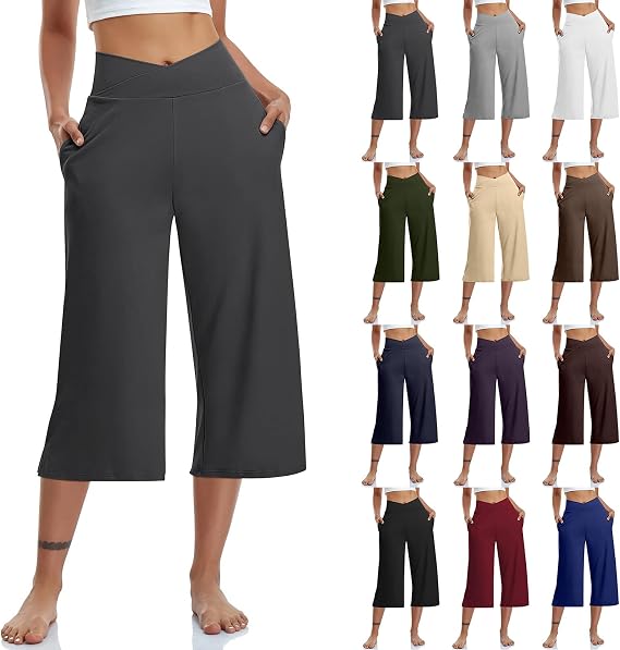 Capris Pants for Women Crossover Wide Leg Yoga Capris with Pockets Tummy Control Capri Leggings with Pockets