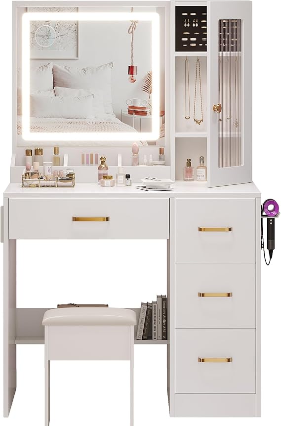 Dressing Table with Mirror and Stool Vanity Desk with Mirror and Drawers