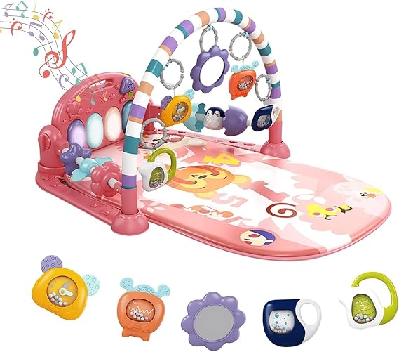 derimkcoa Baby Play Mat Baby Gym,Funny Play Piano Tummy Time Baby Activity Mat with 5 Infant Sensory Baby Toys, Music and Lights Boy & Girl Gifts for Newborn Baby 0 to 3 6 9 12 Months (Pink Tiger)