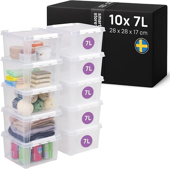 SmartStore - 4x Plastic Storage Box with Lid Classic 7L (28x28x17cm) |Plastic Storage Drawers with Lid|Food-Safe Material|Kitchen & Organisation|Durable Container for Home & Office|