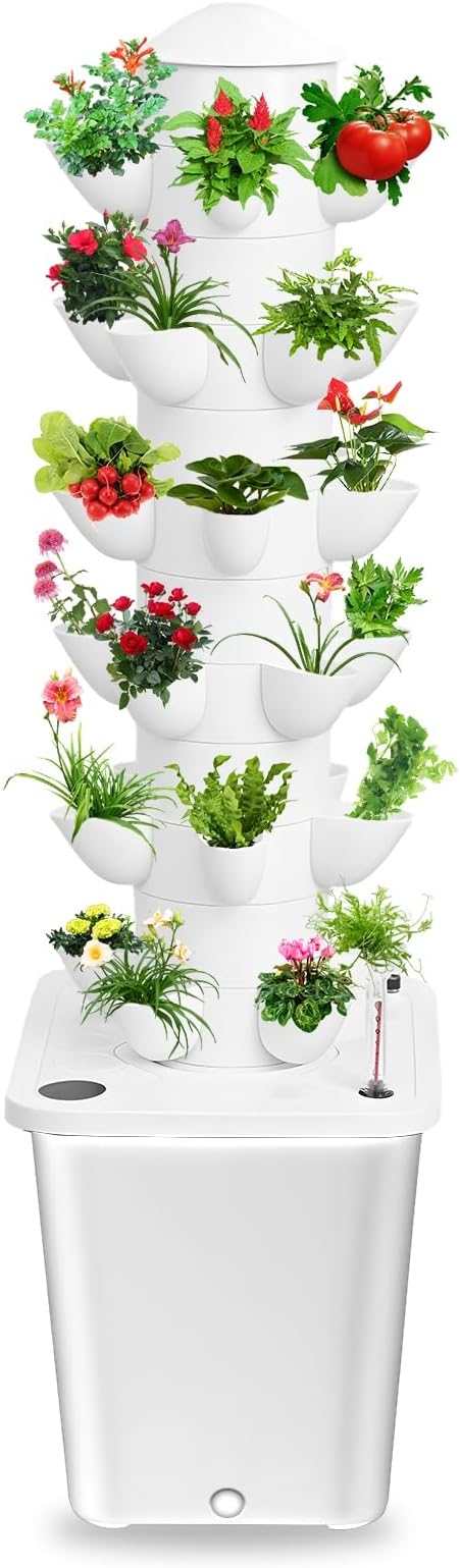 Hydroponics Growing System Kit Vertical Hydroponics Garden Tower 6 Layers 30-Plant Hydroponic Growing System, Indoor Vertical Farming Garden Planter with 10L Tank for Home Gardening White US
