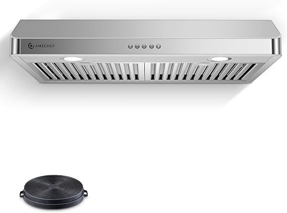 AMZCHEF 30" Under Cabinet Range Hood, 750CFM Vent Hood Button Control | Stainless Steel hood with Button Control, timer, LED lights & dishwasher-safe baffle filters,3 outlets