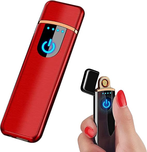 Electronic USB Rechargeable Lighter - Mini Creative Touchscreen LED Power Display Windproof Flameless With Charging Cable, Mute for Boyfriends Father (Red-A)