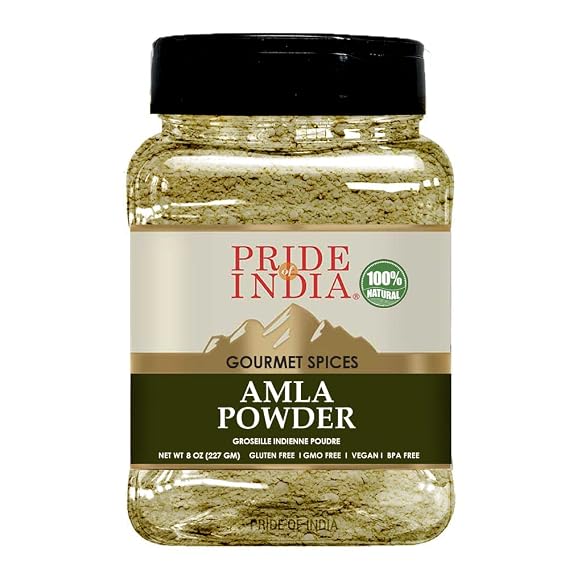 Pride of India Amla Powder Gourmet Spice Tangy & Savory Pure Indian Gooseberry Ground Antioxidant Rich GMO/Gluten Free Easy to Use 7 oz. Medium Dual Sifter Jar
