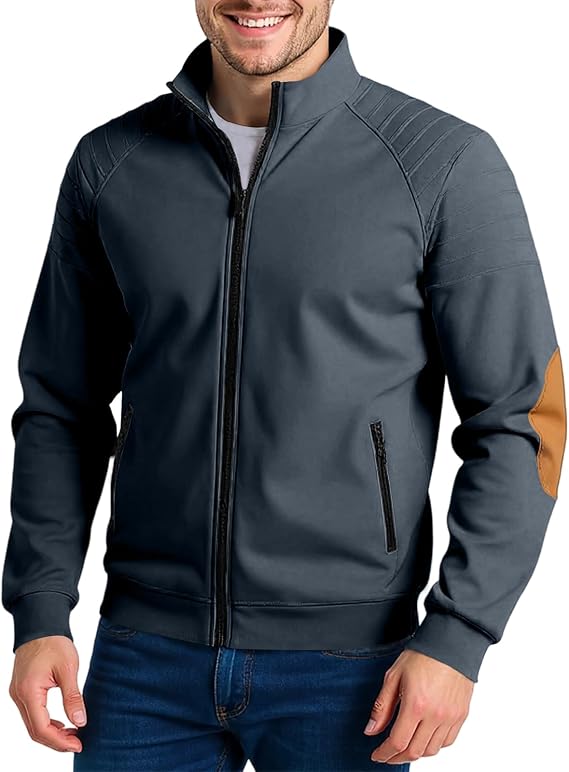 Men's Casual Jacket, Full Zip Patchwork Mock Neck Jackets Pockets Fall Winter Sport Coats With Elbow Patches, S-3XL