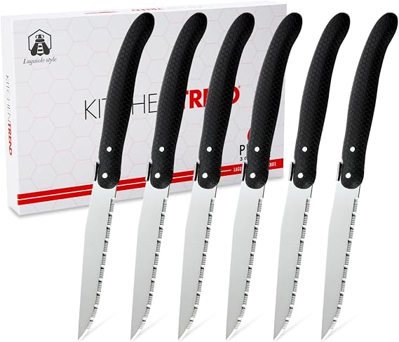 Knife Set, Steak Knives Set of 6, 6 Pcs Steak Knife Set Dishwasher Safe Knife Set, New Laguiole Premium serrated knife set, knives Set for Kitchen (Black)