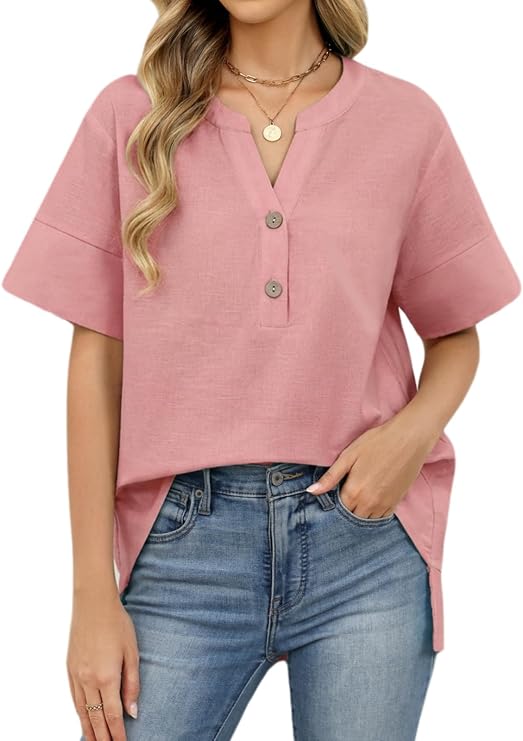 Celmia Cotton Linen Tops for Women Short Sleeve V Neck Oversized Button Down Shirts Summer Tunic Tops