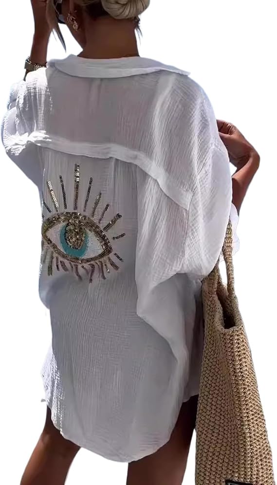 GGOOB Oversized Sequin Evil Eye Shirts Long Sleeve Linen Button Down Shirt Women Beach Cover Ups Summer 2024