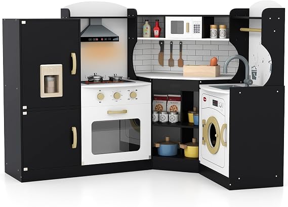 KOTEK Corner Play Kitchen, Wooden Kids Toy Kitchen w/Sound & Light, Range Hood, Ice Maker, Washing Machine, Microwave, Oven, Sink, Chef Suit, Interactive Kitchen Playset for Toddlers (Black)