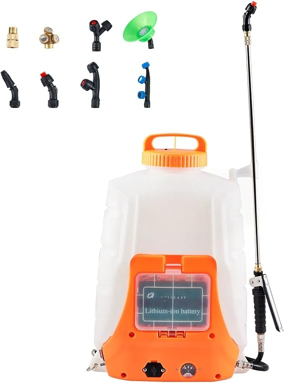 Battery Powered Backpack Sprayer ; 4 Gal Tank; 0-90 PSI Adjustable Pressure; Back Pack Sprayer with 8 Nozzles and 2 Wands; 12V 8Ah Battery; Wide Mouth Lid for Weeding; Spraying; Cleaning