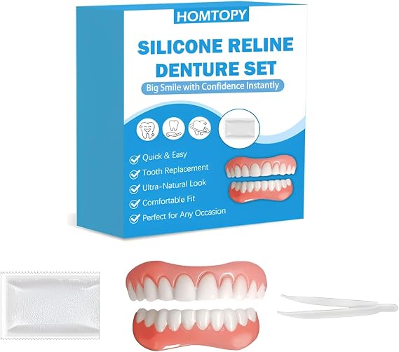 Denture Set, Made in USA, Silicone Dental Cover for Adults, Home, Comfort Fit, Whitening Effect, Oral Care, Full Oral Denture, Gum Protection, Brace, 1.8 oz 50 g, O Shape Denture Strip and