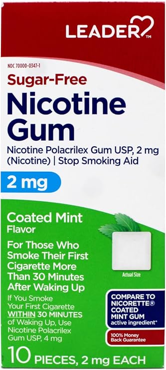 Leader Nicotine Gum Stop Smoking Aid, 2 mg Nicotine, Sugar-Free, Coated Mint Flavor, 10 Count - 8 Pack