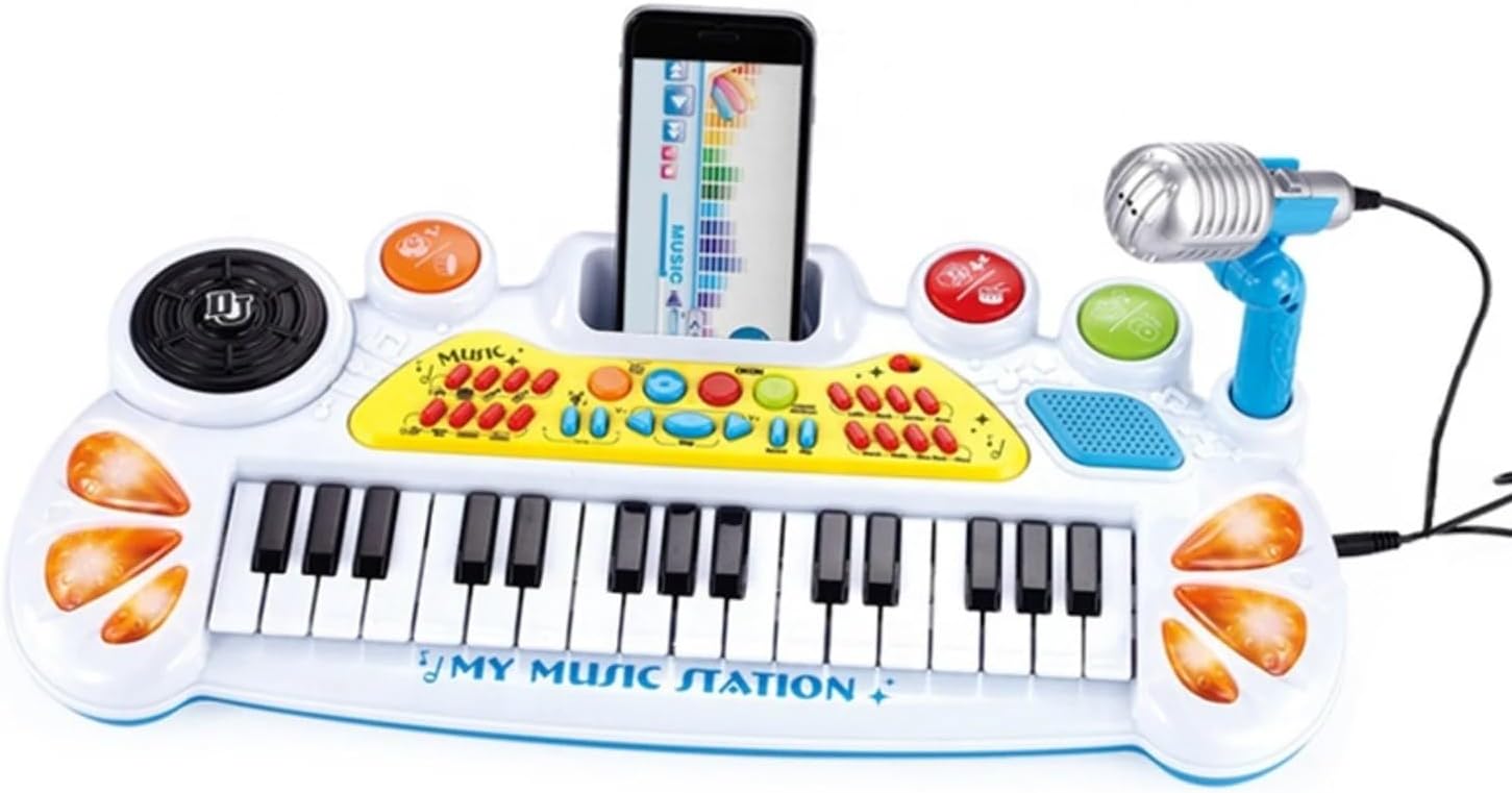 Elektronik Org Müzik Seti Mikrofonlu 45 cm Çocuk Piyano MP3 Girişli LED Işıklı Karaoke Oyuncak 3+ Yaş Beyaz