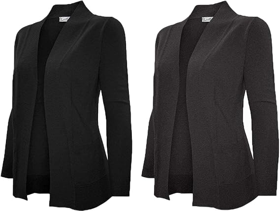 Cielo Women's Solid Basic Open Front Pockets Knit Sweater Cardigan (Small, Black/Charcoal)