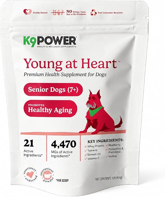 K9Power Young at Heart Senior Dog Supplement for Longevity & Vitality Supports Joints, Brain, Heart, Digestion, Skin & Energy Amino Acids, Vitamins, Minerals, CoQ10, Omega 3s, Turmeric