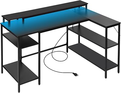 Panana L Shaped Computer Desk with LED Lights and Power Outlet, Reversible Corner Office Desk with Monitor Stand and Shelves, Gaming Desk with Shelves for Home Office Bedroom Black