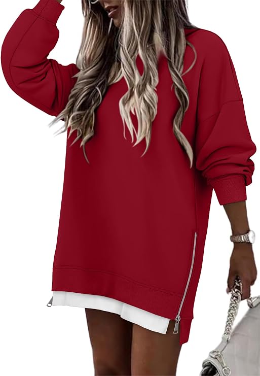 CHICZONE Crew Neck Oversized Sweatshirt Zipper Split Pullover for Women