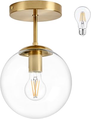 8 Inch Gold Semi Flush Mount Ceiling Light Fixture Clear Glass Globe Ceiling Light Fixture Modern Hallway Light Fixtures Mid Century Ceiling Light Brass Finish for Entryway Bedroom Bulb Incl.