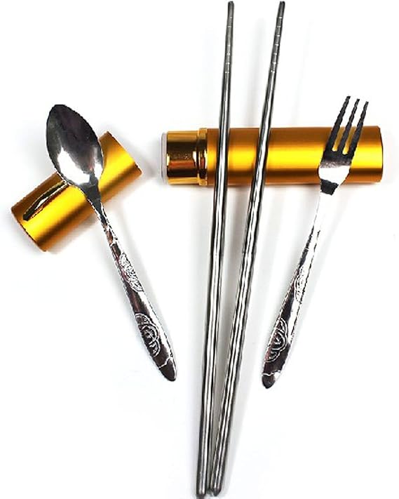 Stainless Steel Portable Chopstick Set with Spoon, Chopstick and Fork, Set Of 4 Pieces (Fork, Spoon, Chopsticks and Carrying Case), Gold
