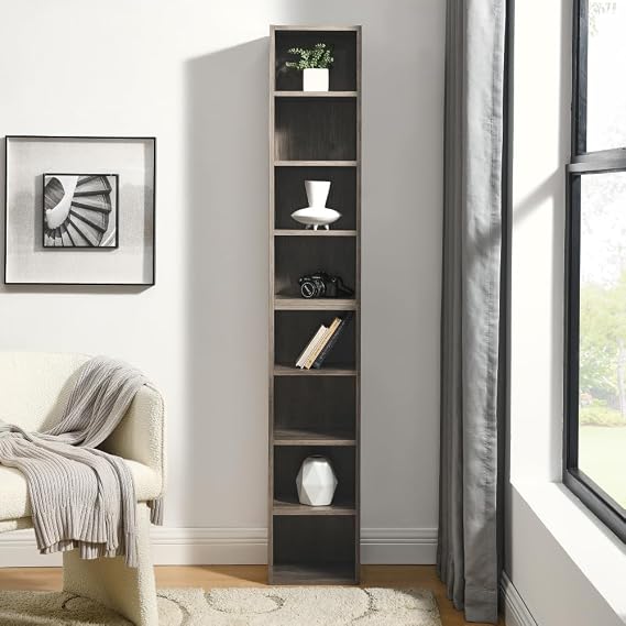8-Tier Media Storage Tower for CDs DVDs, Adjustable Shelf Bookcase, Narrow Slim Cabinet for Home Office, Multi-Functional Display Organizer (Gray + MDF)