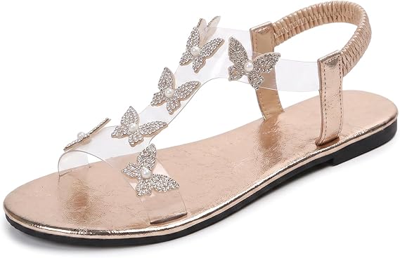 Women Sandals Butterfly Rhinestone Dressy Casual Summer Comfortable Flat Sandal Beaded Sparkly Elastic Ankle Strap Beach Slippers