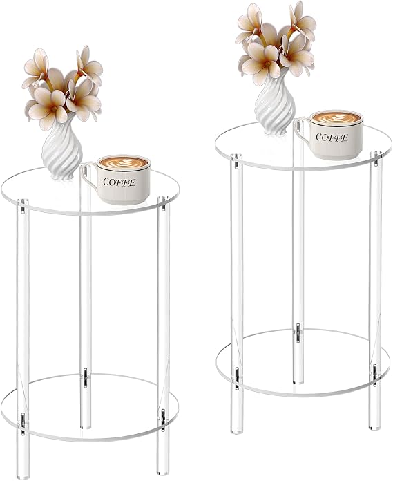 HMYHUM 2-Tier Acrylic Side Table for Small Spaces, Round, Set of 2