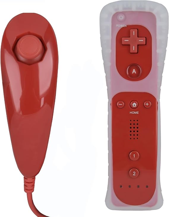 MOVHEIYL Replacement Remote Controller for Wii & Wii U, Built-in 2 in 1 Motion Plus with Silicon Case and Nunchuck (Red)