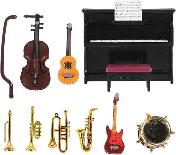 12 Pcs Dollhouse Musical Instruments Decorations: 1:12 Scale Miniature Violin Piano Trumpet Saxophone Electric Guitar Drum Tiny Christmas Instruments Set