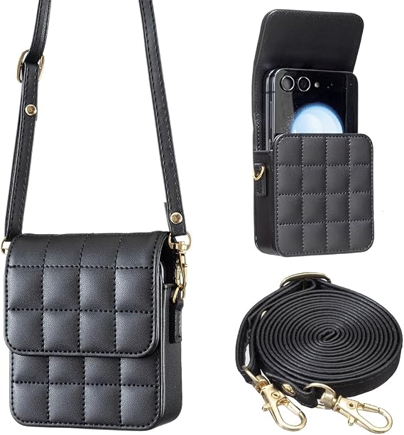 XYX Foldable Mobile Phone bag with Cross-body Shoulder Strap for Samsung Galaxy Z Flip 7 6 5 4 3, Motorola Razr, Oppo Find Flip N3 N2 - Black