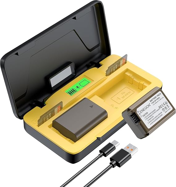 ENEGON NP-FW50 20W Dual Battery Storage and Quick Charger Set for ZV-E10, A6000, A6500, A6300, A6400, A5000, A5100, A55, A7, A7II, A7RII, A7SII, A7S, A7S2, A7R, A7R2, LCD Display