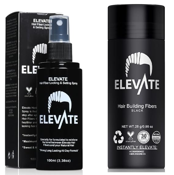 Elevate Hair Building Fibers + Locking Spray Bundle Instantly Conceal Thinning & Balding Spots in 30 Seconds Long Lasting, Natural Hair Thickening Solution for Men & Women Black