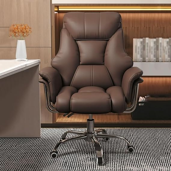 Comfortable Executive Office Desk Chair, Big Boss Chair High Backrest, Ergonomic Task Chair Leather Upholstered Chair Swivel, Height Adjustable Armchair, Latex Seat Padding Color: Coffee/A