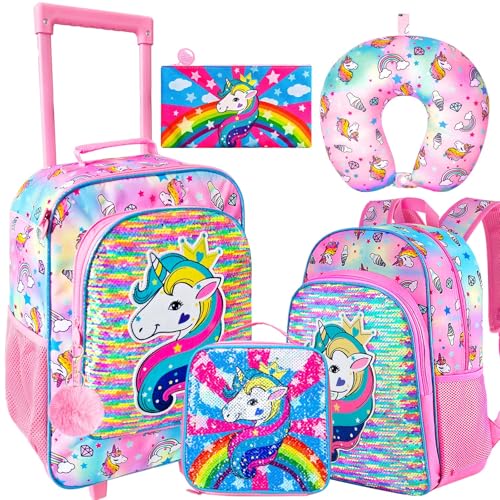 AGSDON 5 Piece Kids Luggage Set for Girls, Cute Rolling Wheels Suitcase for Toddler, Children Travel Carry on Suitcase - unicorn